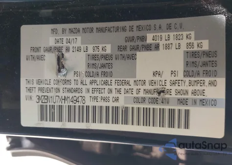 2017 Mazda 3 Sport z USA, uszkodzony, nr VIN 3MZBN1U7XHM149478